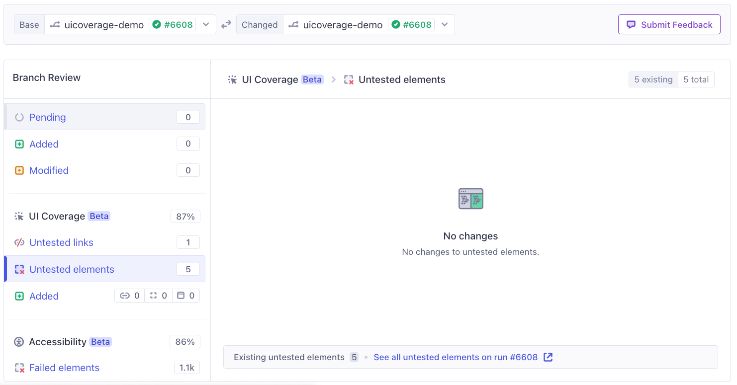 The UI Coverage Branch Review section showing no changes in the coverage between two runs