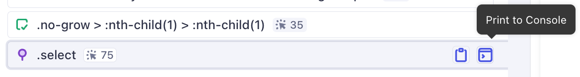 An element selected in the UI Coverage detail view, with a Print To Console button highlighted by a tooltip.