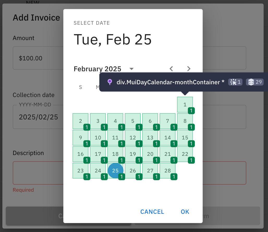 All dates in the datepicker are grouped together correctly, so that clicking on any date will count as testing the datepicker.
