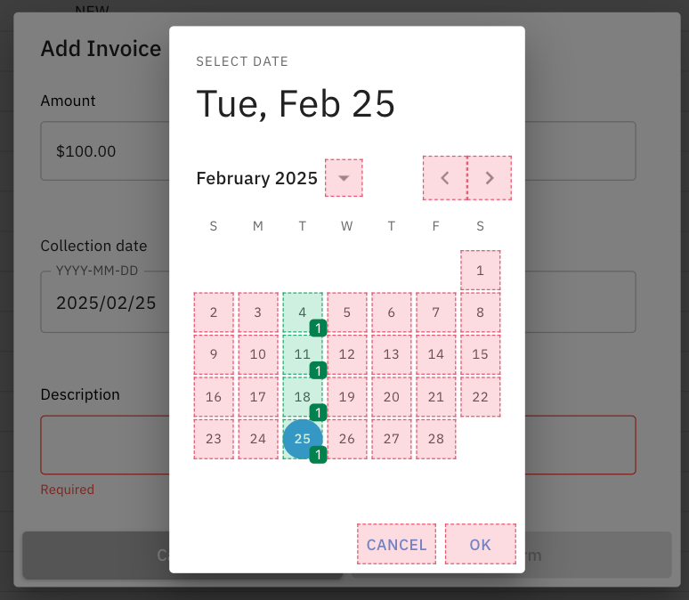 A datepicker component showing only 4 dates grouped together as "tested", and all other dates appearing "untested"