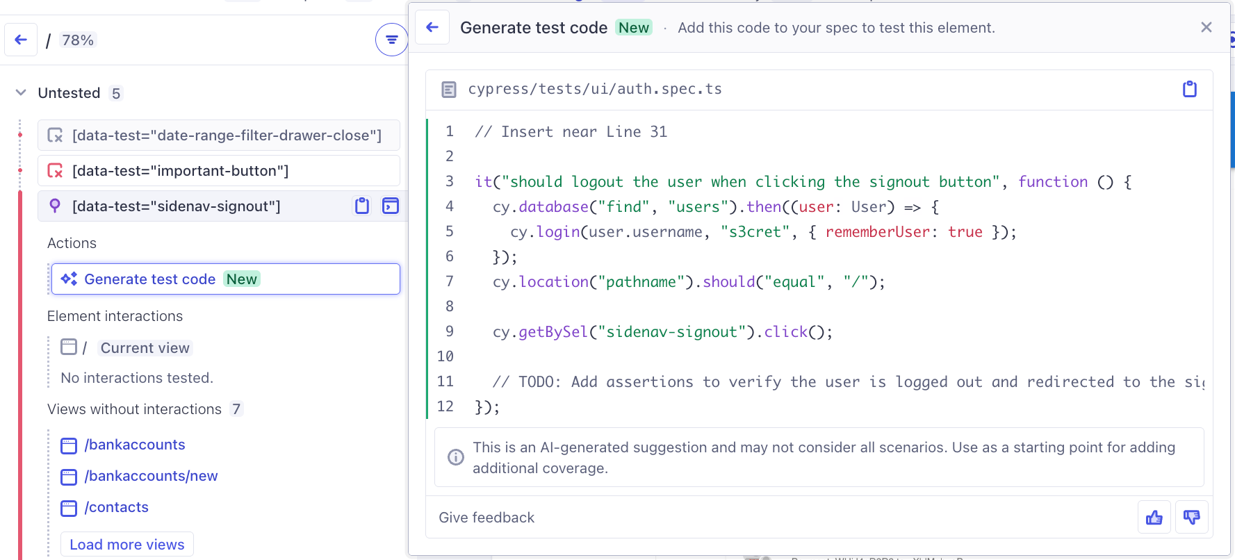 UI Coverage showing generated test code after clicking the "Generate Test Code" button when the sidenav-signout button is pinned