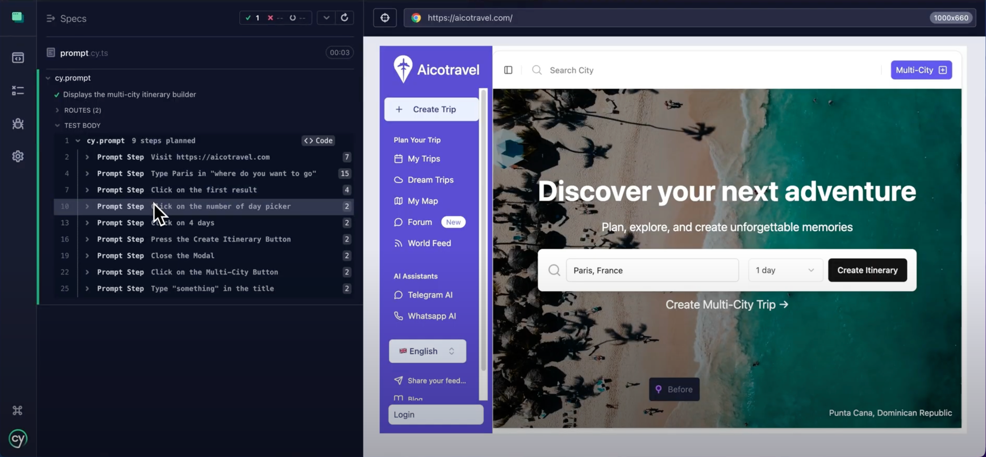 A screenshot of the Cypress App with cy.prompt displaying as a command in the Command Log and each Prompt Step showing as hoverable to time travel - showing the application's state on each step.