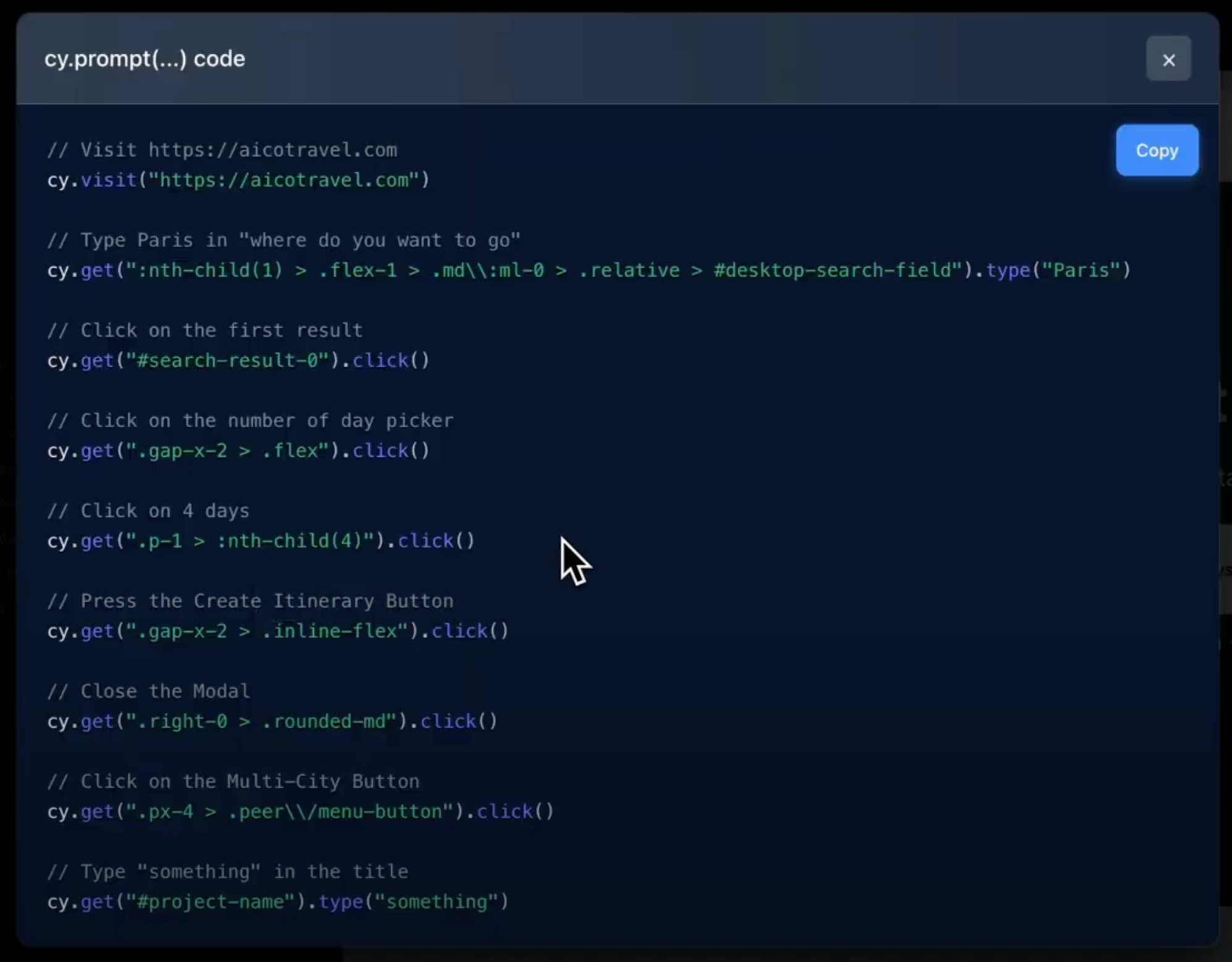 cy.prompt code shown in a modal with all generated Cypress test commands to cy.visit, cy.get, .click(), etc to execute the prompt steps