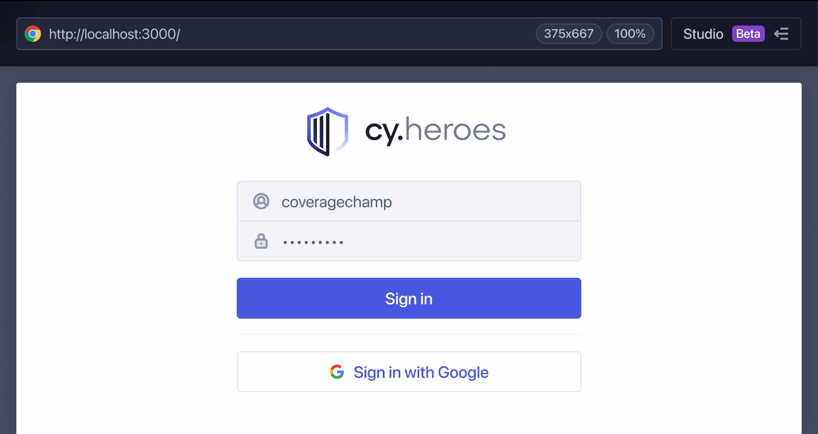 Animated image showing Studio Beta in Cypress App with the demo clicking into Studio Beta, seeing their test code inline, and Cypress AI recommendations that they accept and automatically add to code.