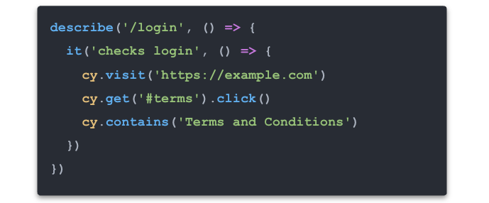 Code for a Cypress test that visits a page, clicks a button to open a modal, and confirms the modal contents. No specific accessibility related assertions or commands are shown.