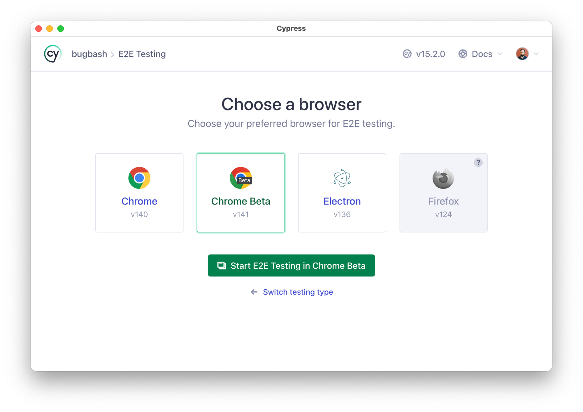 The Cypress App's "Choose a browser" screen. "Chrome Beta" is highlighted. Chrome, Electron, and Firefox are also displayed.
