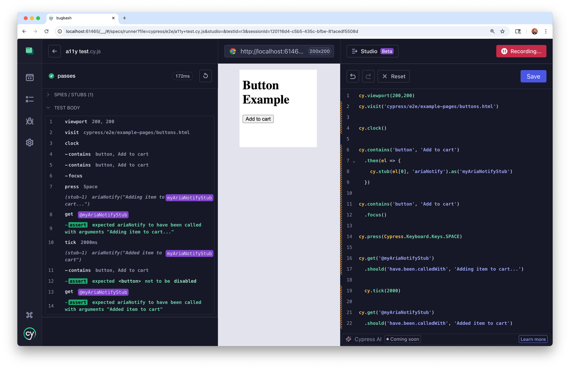 The three panel Cypress UI, showing a command log with the list of test steps that were carried out, plus the page under test, and the text editor panel with the test code on the right.