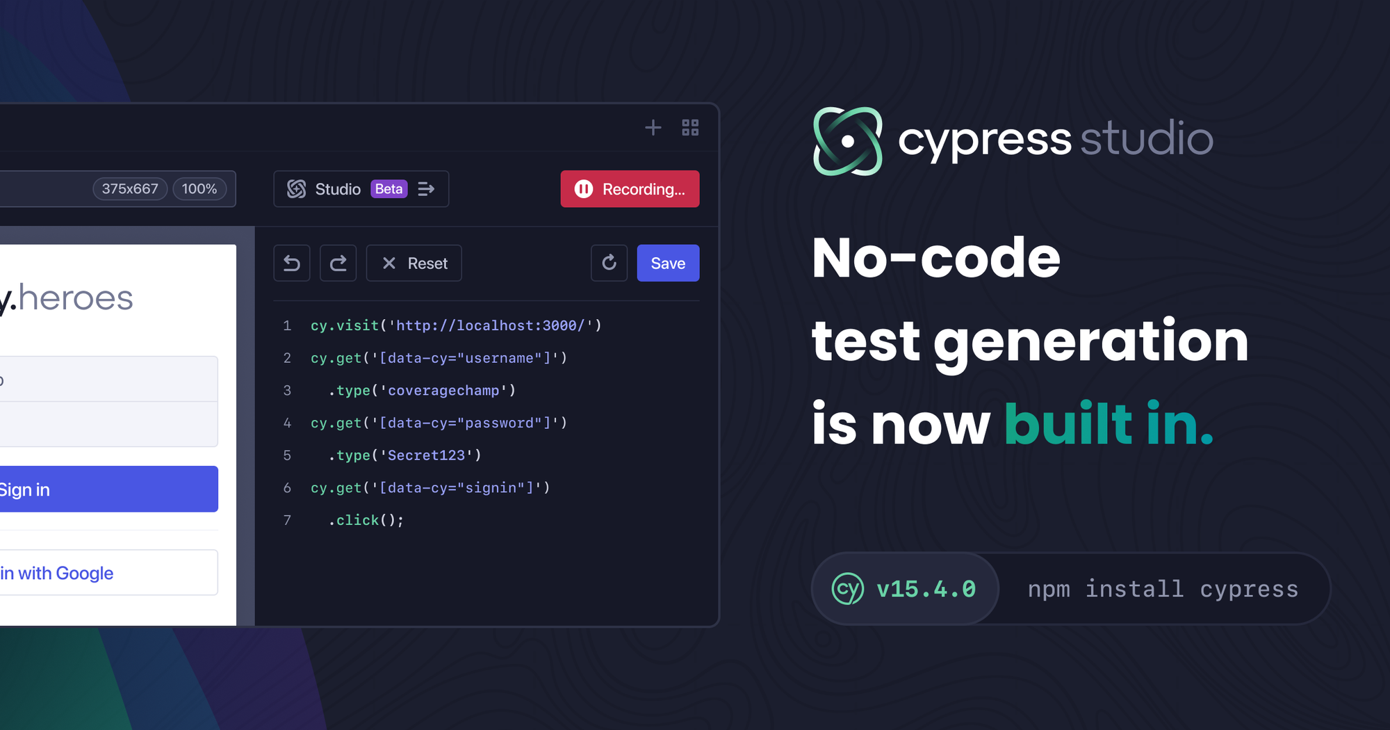 Cypress Studio UI showing code in Cypress with text No-code test generation is now built in. Run npm install cypress with v15.4.0.