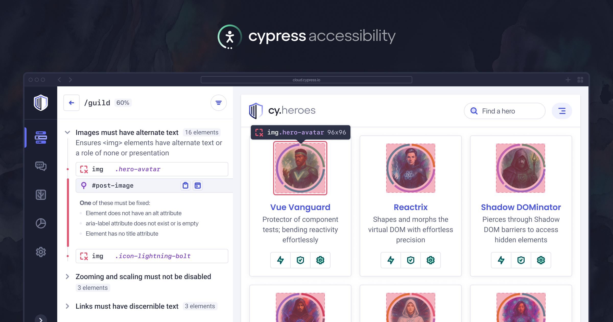 Illustration of Cypress Accessibility in Cypress Cloud, showing accessibility violations on the left and a live HTML snapshot on the right with elements highlighted 