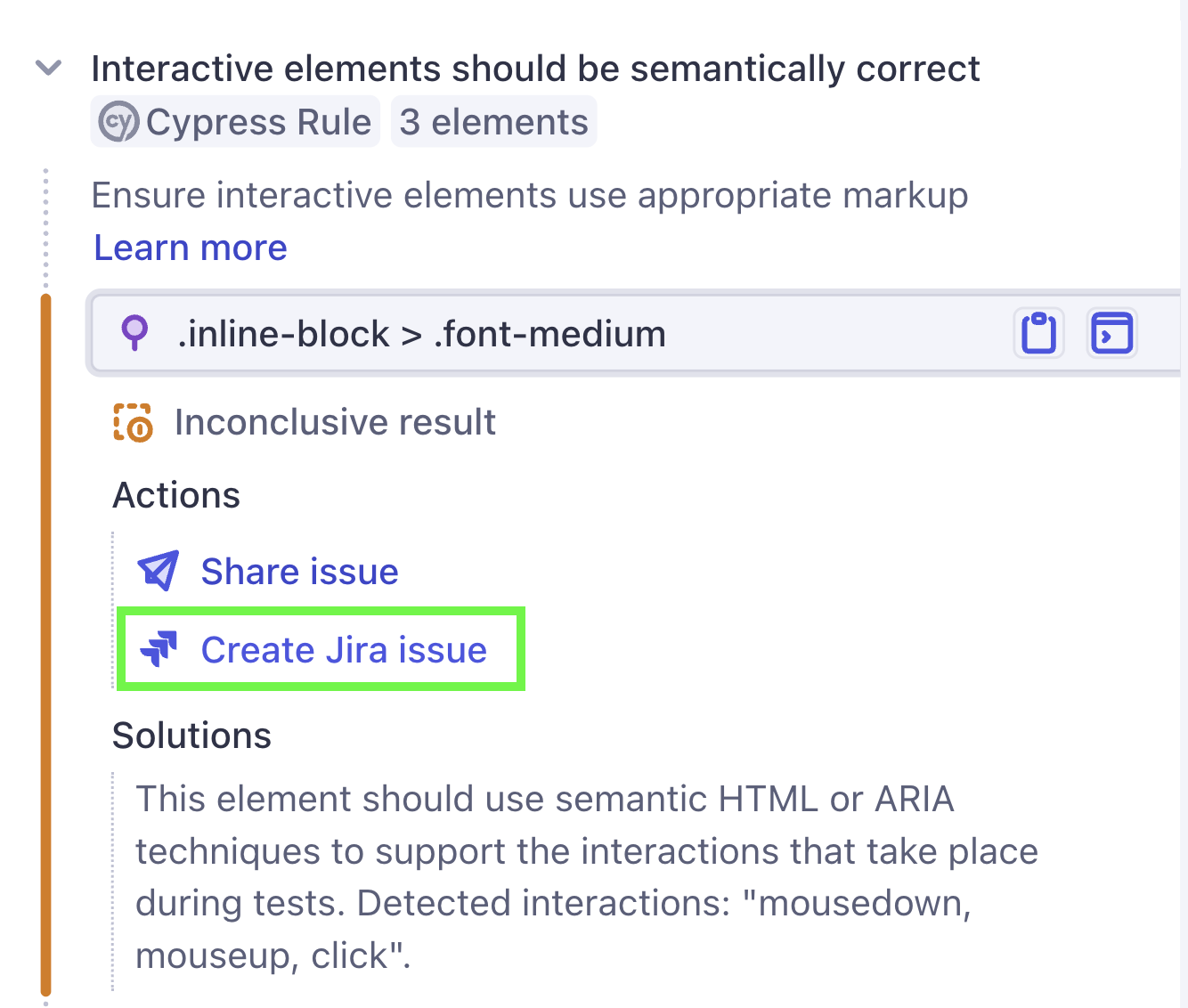 The Create Jira issue button in the element details panel for an accessibility violation. This is a cropped screenshot of the Cypress Accessibility product within Cypress Cloud