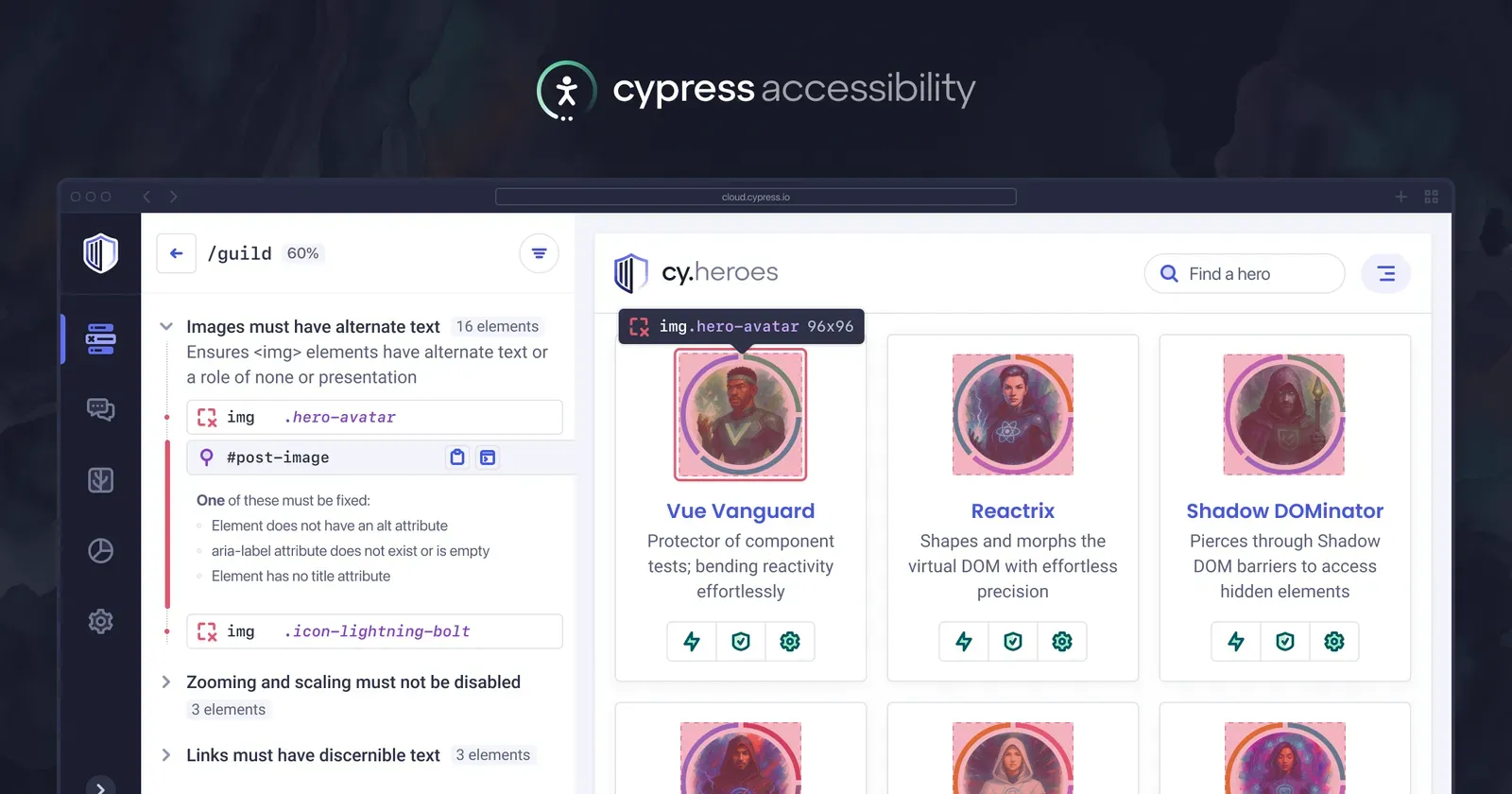 Cypress Accessibility illustration showing a range of images missing alt text