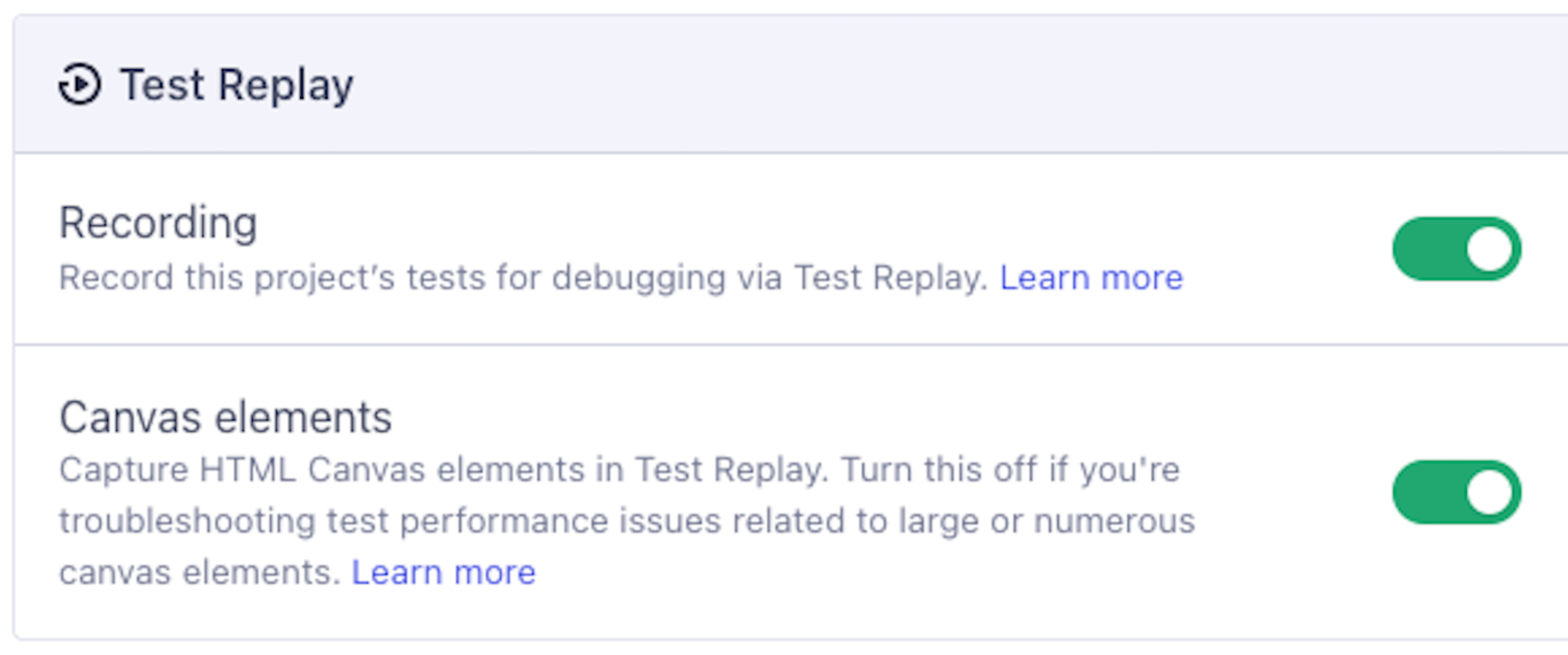 Test Replay settings in Cypress Cloud showing a toggle for Recording and a toggle for Canvas elements both turned on