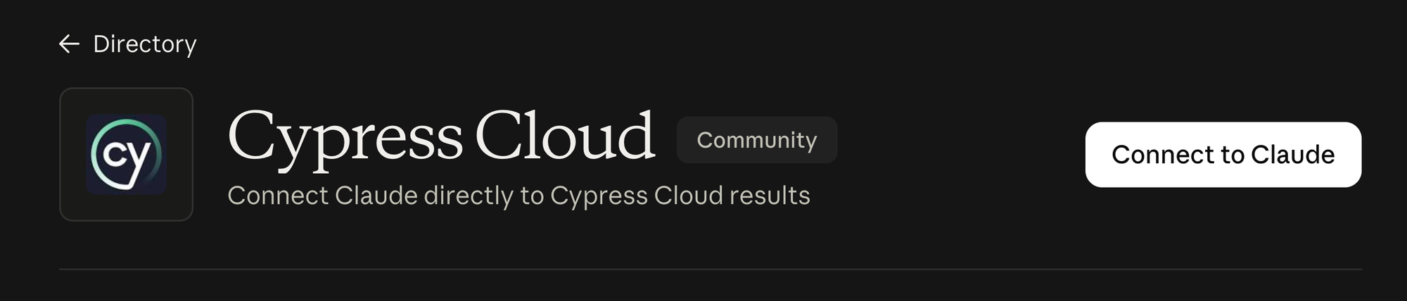 Cypress Cloud connector in Claude directory shows 'Connect to Claude' button