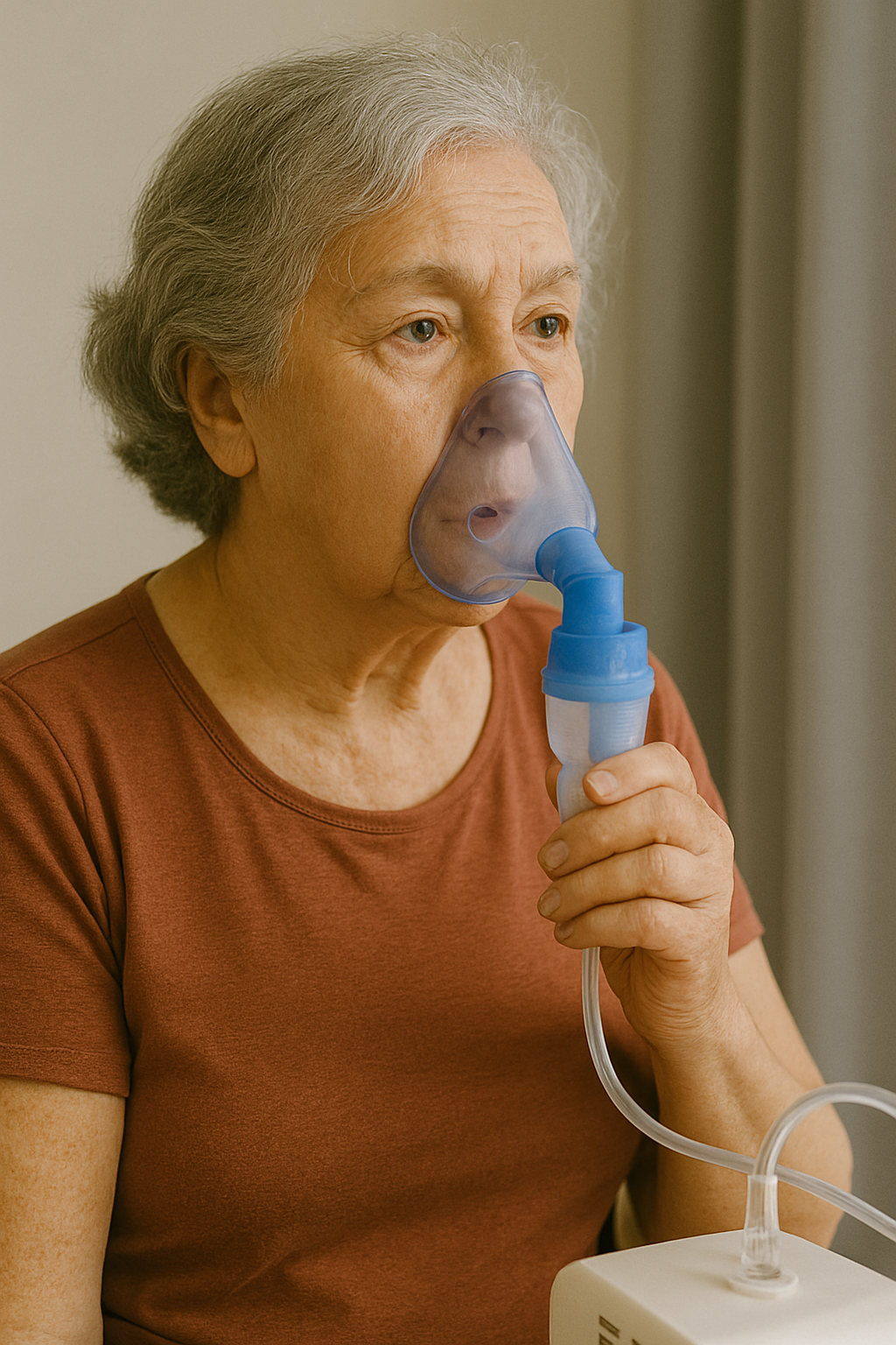 Woman with COPD doing a nebulizer treatment to help with wheezing