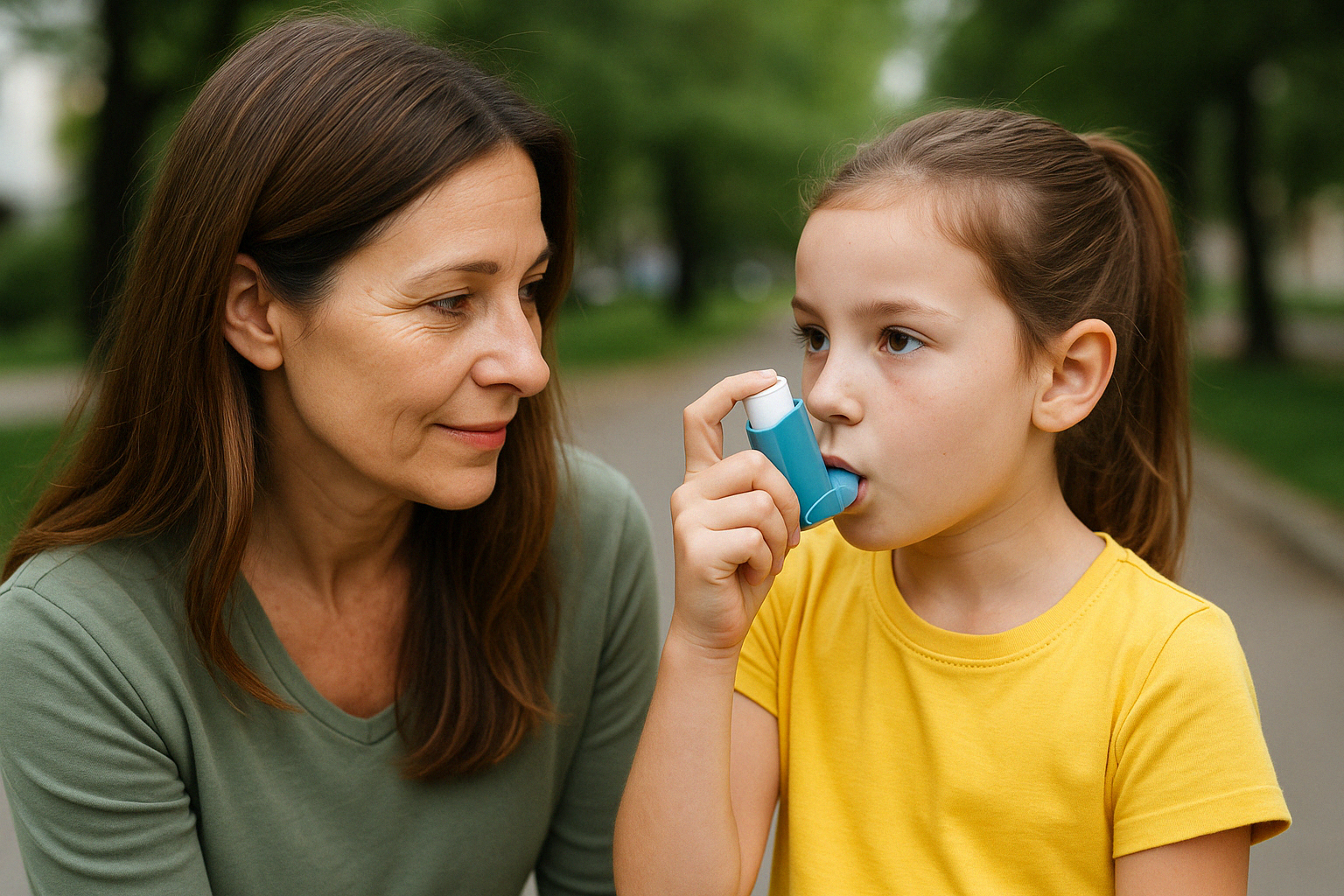 9 year old girl with asthma using her inhaler standing next to her mom
