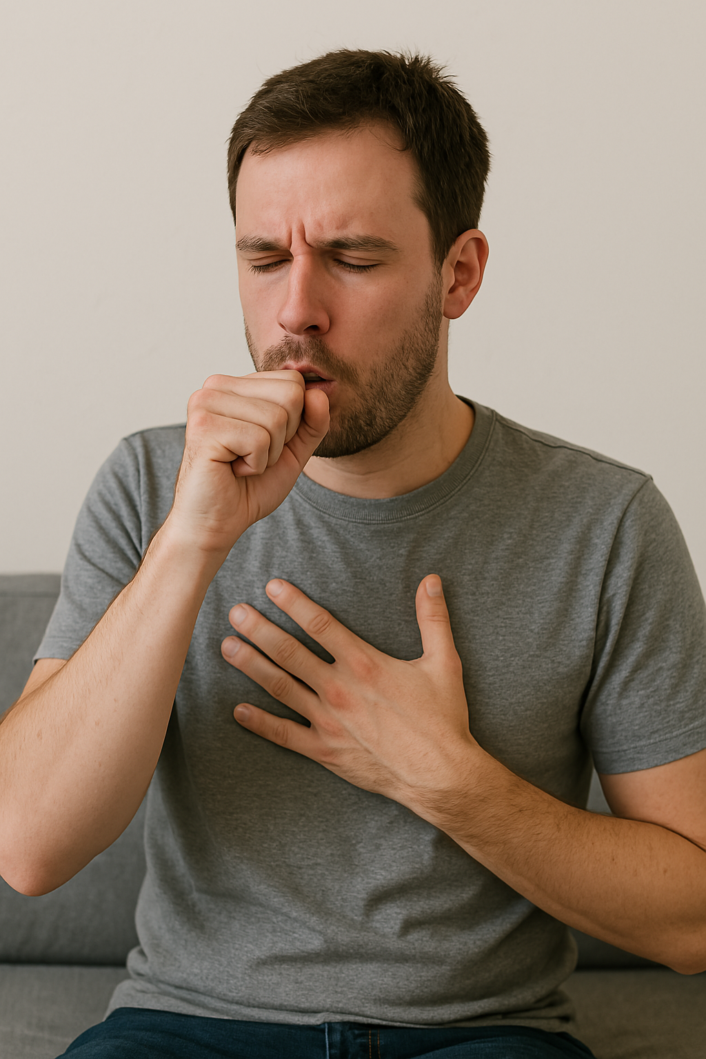 Man sitting up and practicing the huff cough for cystic fibrosis self care