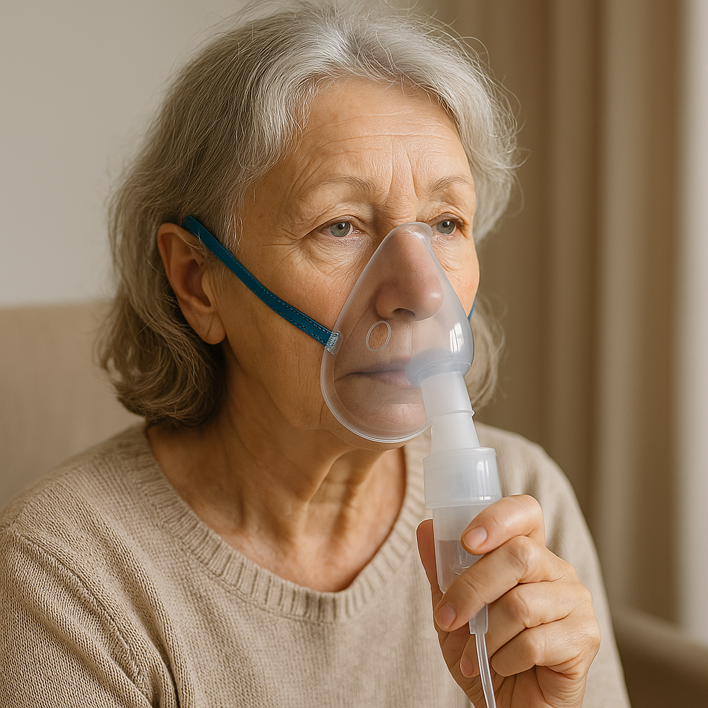 Woman taking a nebulizer treatment with a nebulizer she got with a prescription