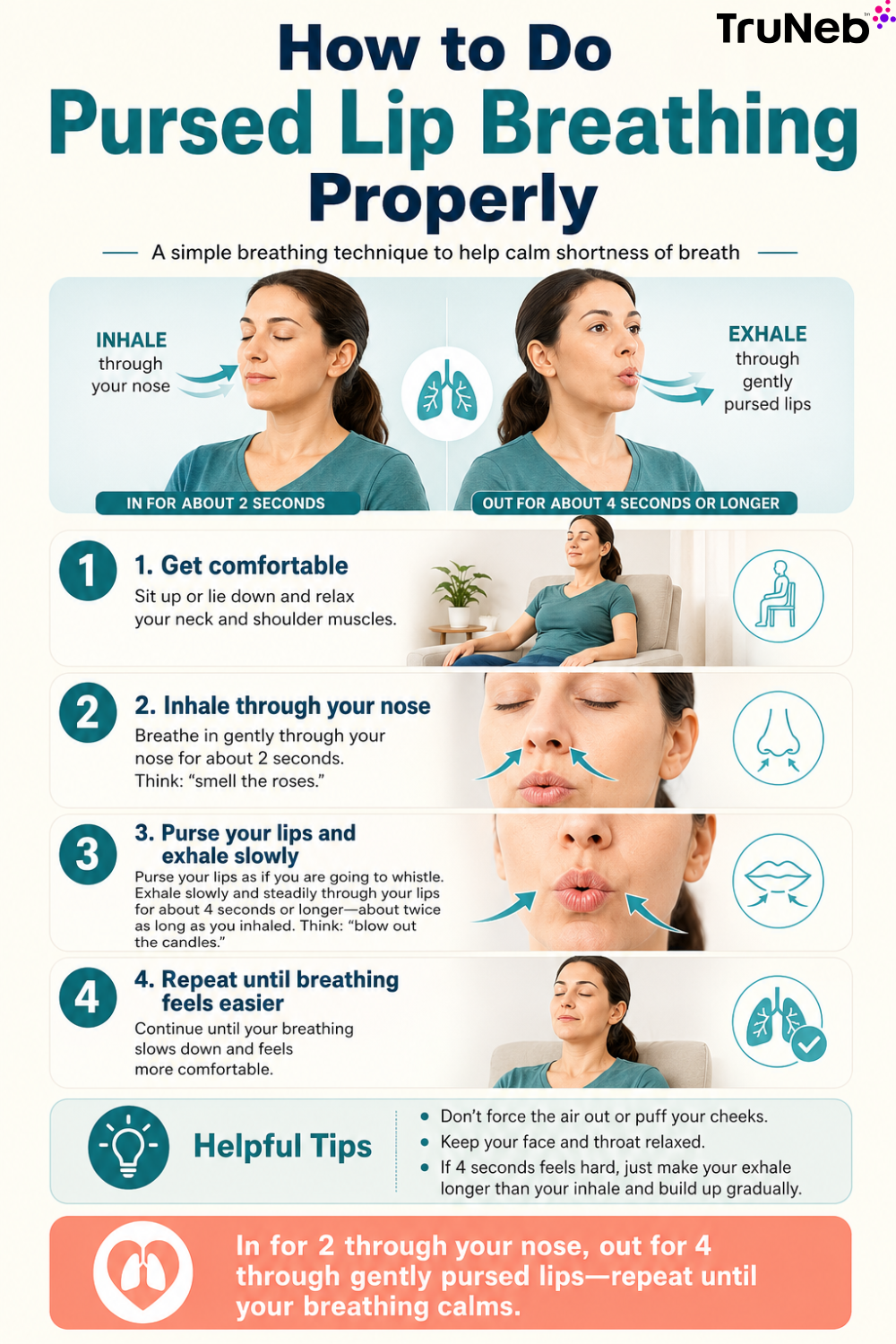 Infographic that showing steps of pursed lip breathing