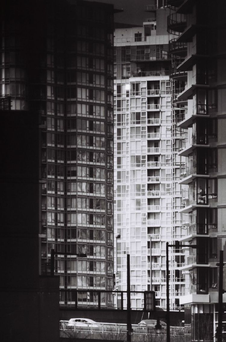 Bridge exit between condominium towers; Downtown, Vancouver