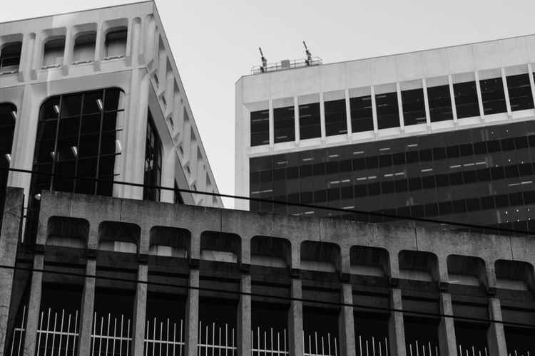 Towers in the city centre, with top of parkade in foreground; Melville Street, Vancouver