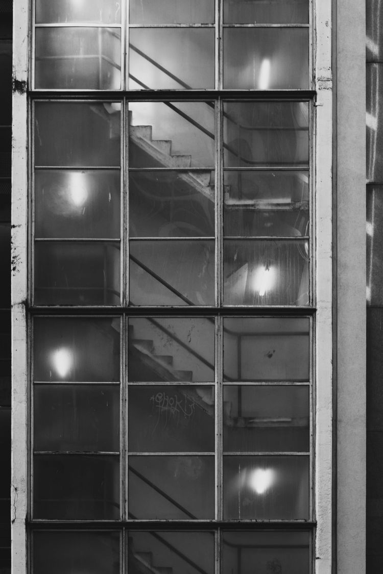 In the central business district, a stairwell to a parkade.