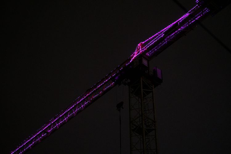 Decorated crane in a new toweer construction; Mount Pleasant, Vancouver