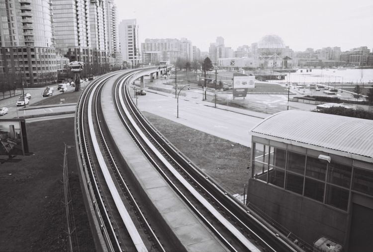 The SkyTrain rails heading south along the eastern edge of False Creek (former Expo86 lands)