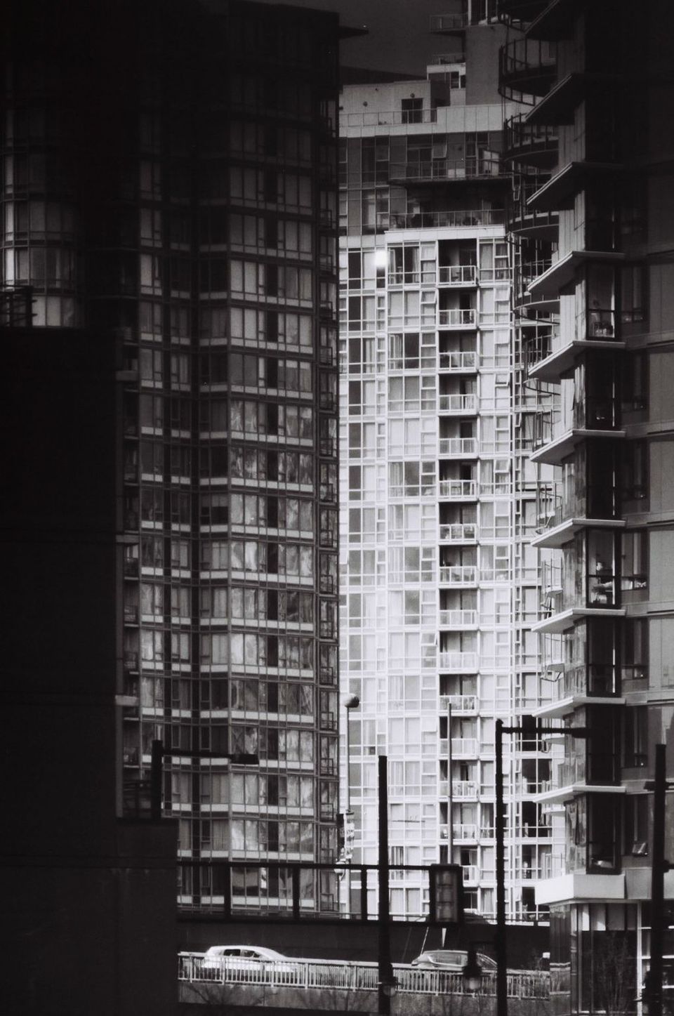 Bridge exit between condominium towers; Downtown, Vancouver