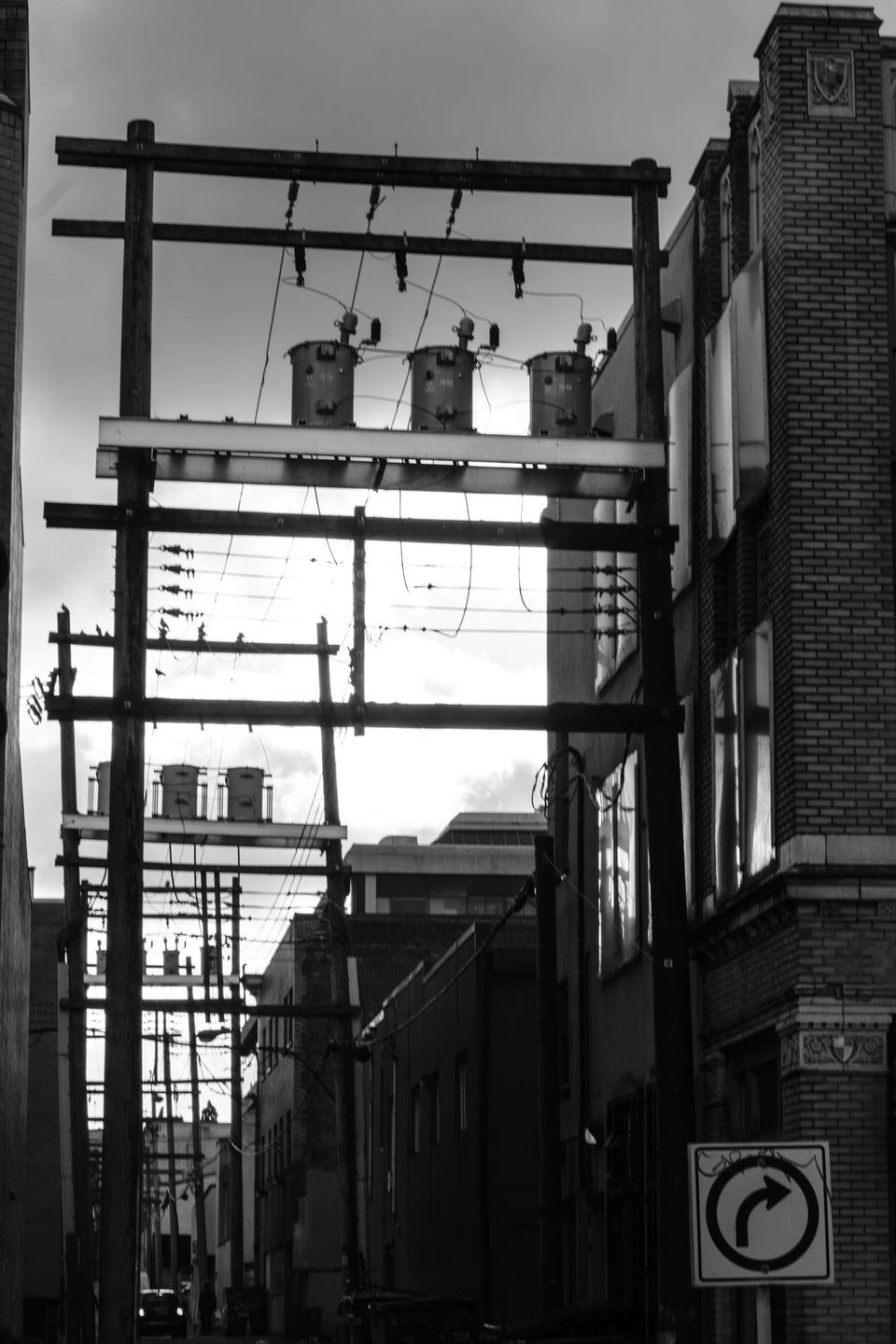 Typical alleyway electric poles, looking south near Granville Street; South Granville, Vancouver