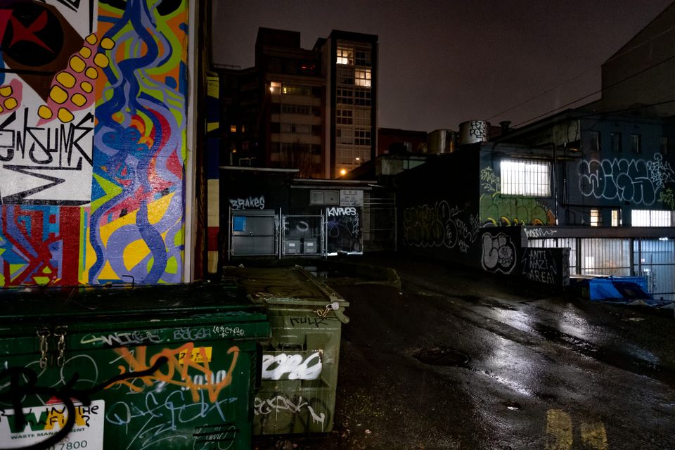Alleyway before dawn; Railtown, Vancouver