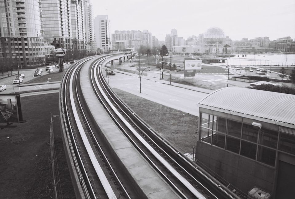 The SkyTrain rails heading south along the eastern edge of False Creek (former Expo86 lands)