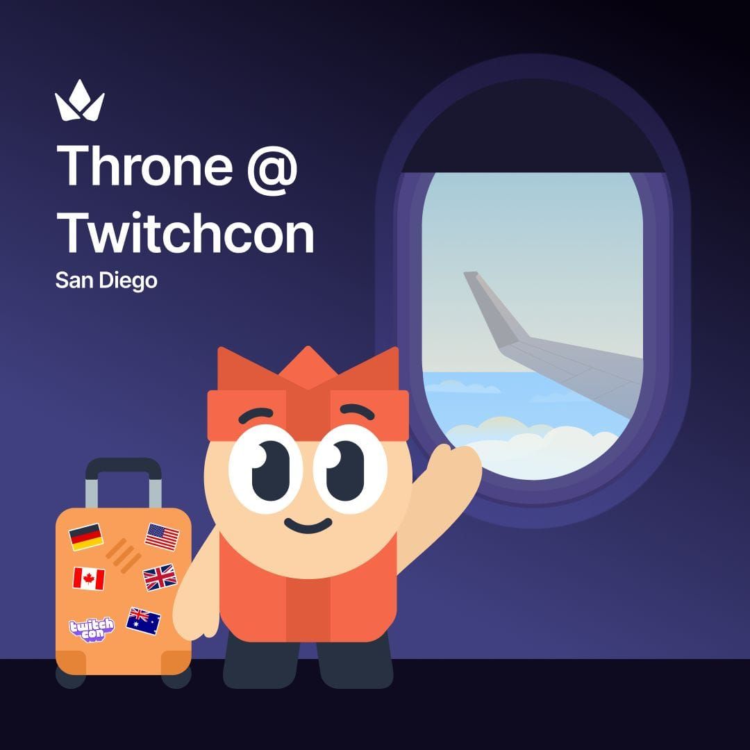 Throne mascot Thronie waving with a suitcase in an airplane with the announcement Throne will be at TwitchCon San Diego 2025! 