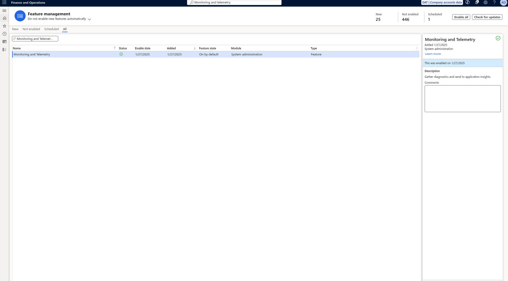 Feature management showing Monitoring and Telemetry enabled