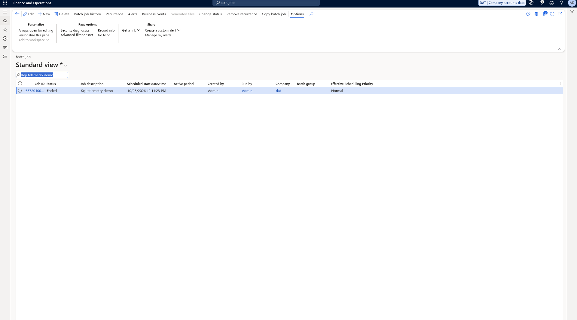 Batch jobs list showing Keji telemetry demo Ended