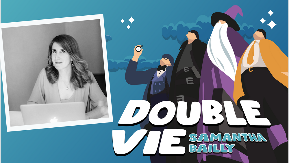 Vignette illustrant les podcasts: Les quatre personnages mascottes de Double Vie et la photo de Samantha Bailly