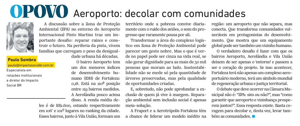 Artigo de Paulo Sombra no jornal O Povo: Aeroporto, decolar com comunidades