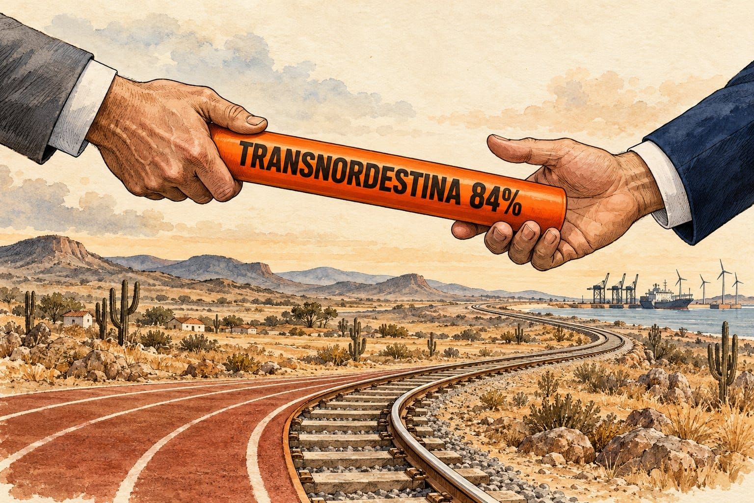 Charge: duas mãos de terno passam um bastão laranja escrito Transnordestina 84%, sobre uma pista que vira ferrovia pelo sertão até um porto com guindastes e turbinas eólicas
