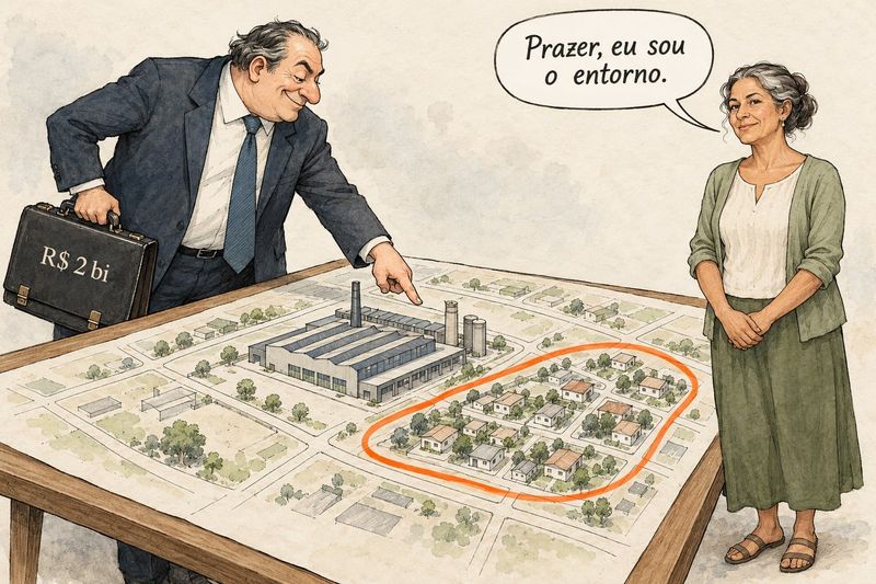 Charge: um executivo com maleta de R$ 2 bi aponta a fábrica no mapa; uma moradora, com o entorno circulado em laranja, diz "Prazer, eu sou o entorno."