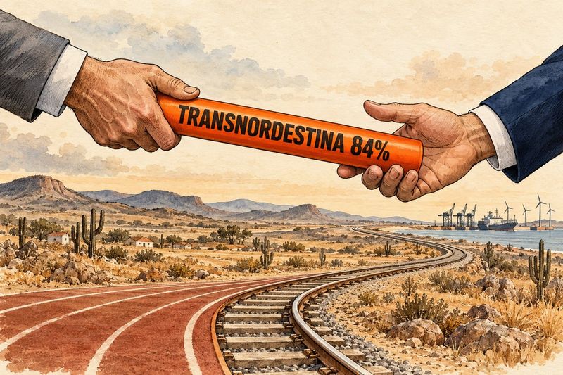 Charge: duas mãos de terno passam um bastão laranja escrito Transnordestina 84%, sobre uma pista que vira ferrovia pelo sertão até um porto com guindastes e turbinas eólicas