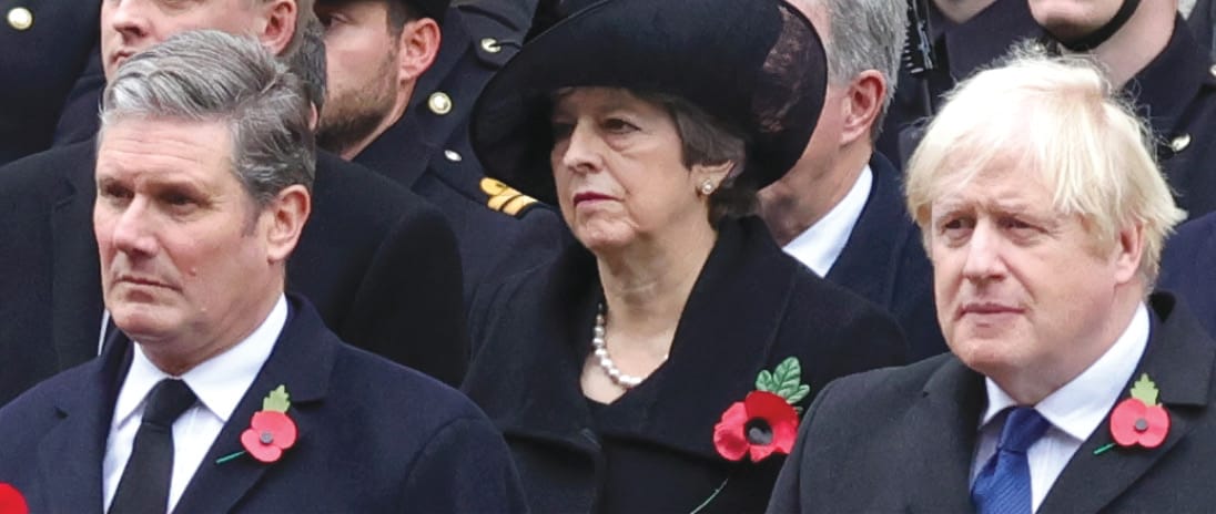 Former Prime Ministers Theresa May and Boris Johnson stand alongside Keir Starmer, 2021