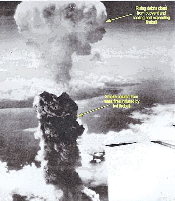 The two distinct clouds rising from the nuclear explosion over Nagasaki, Japan, Aug. 9, 1945.