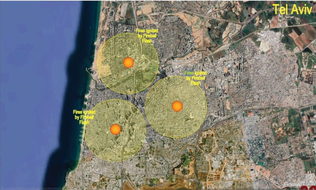The areas of the fires ignited by three 10 to 15 Kiloton atomic bombs.