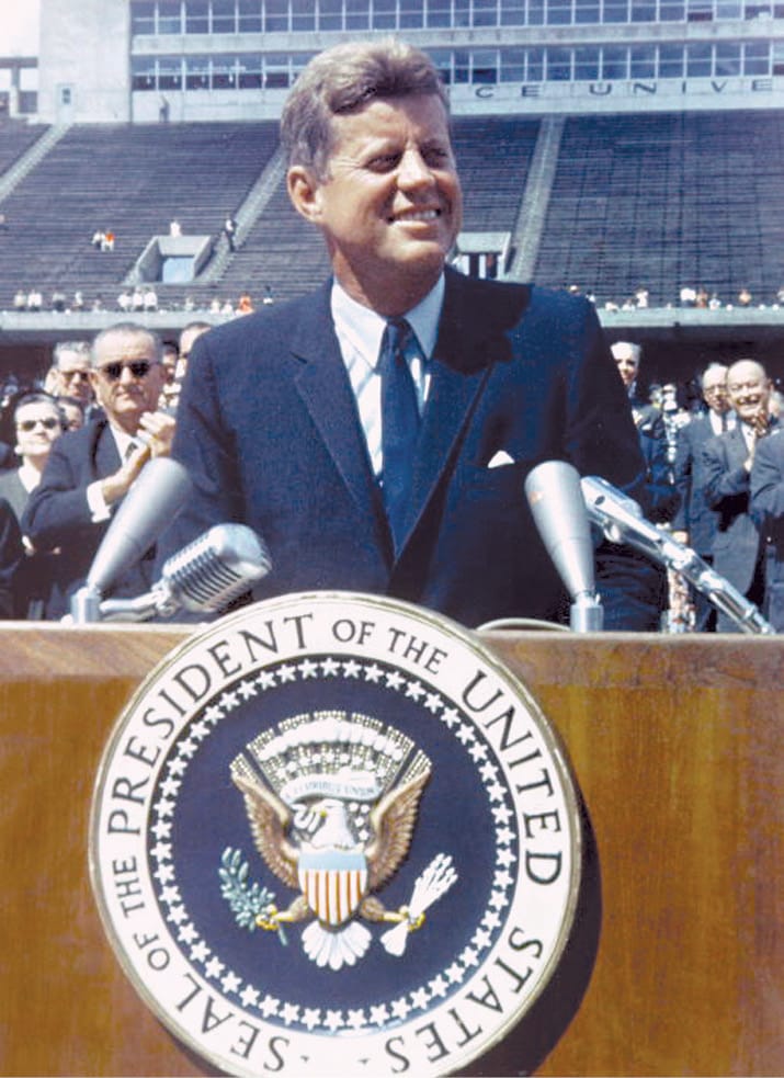 President Kennedy addresses a crowd of 35,000 at Rice University in Houston.
