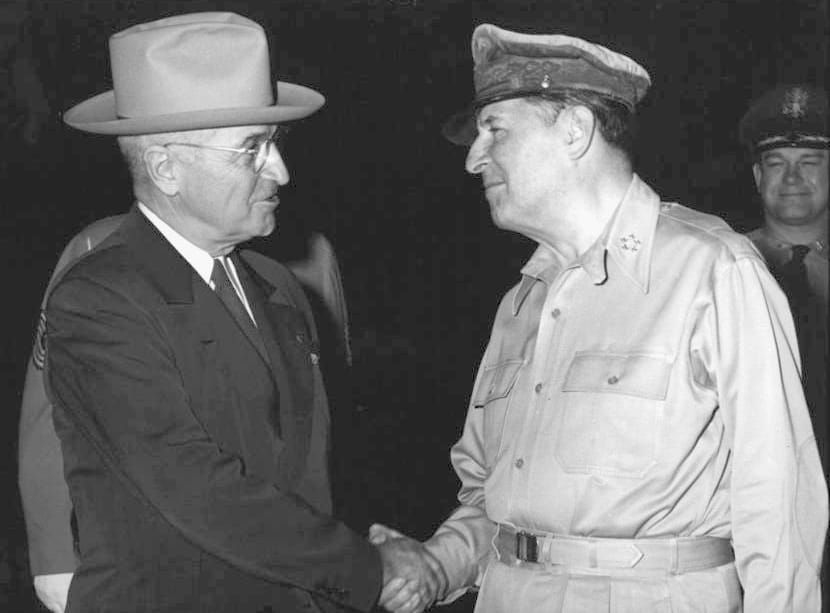 MacArthur greeting Truman on Wake Island