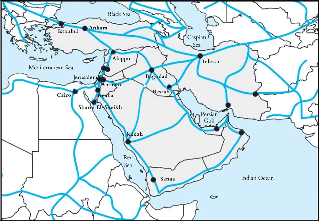 The 2004 Five-Sea Strategy of then Syrian President Bashar al-Assad, and other proposed transportation corridors.