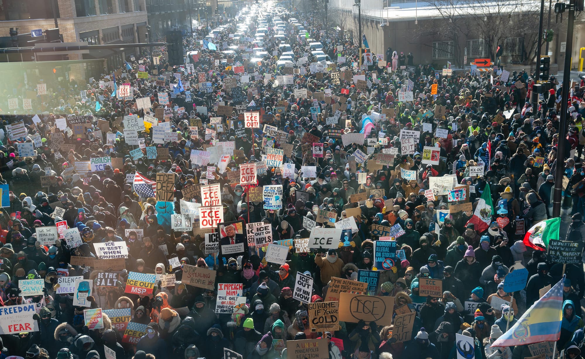 Thousands demonstrate in Minneapolis against the U.S. Immigration and Customs Enforcement, January 23, 2026.