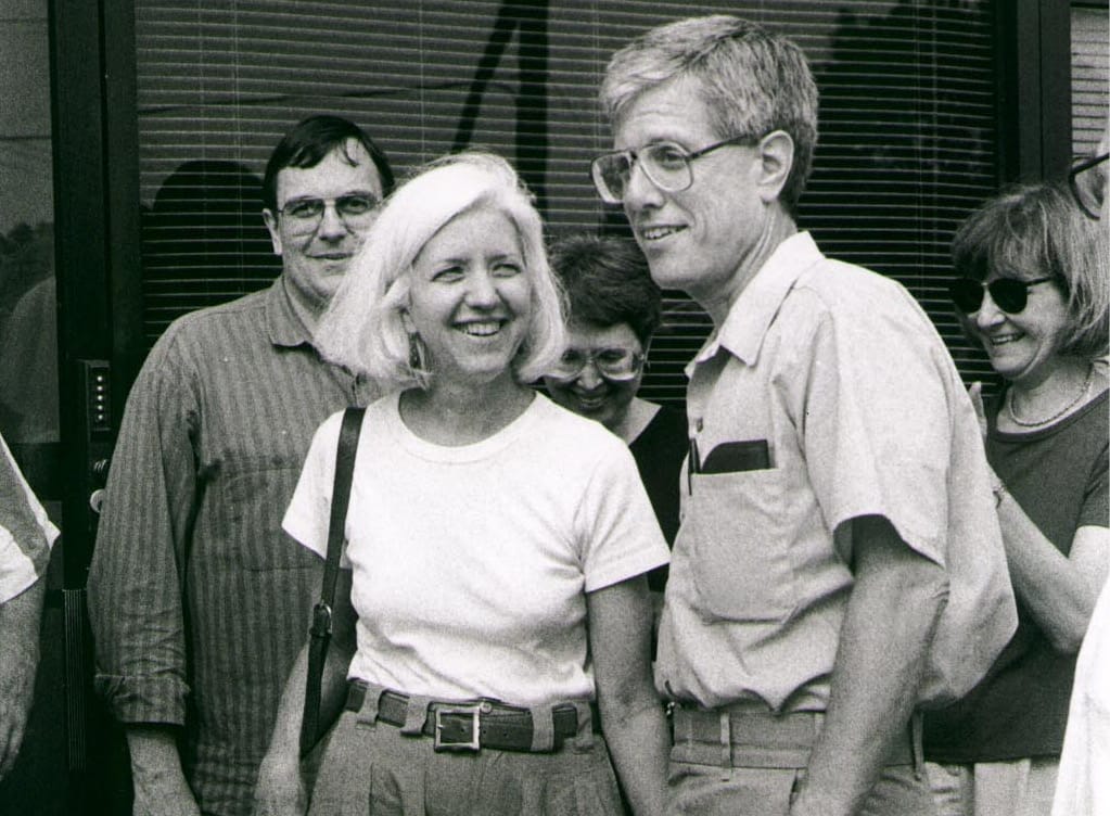 Paul and Anita Gallagher being greeted by colleagues just after being released in 2000 from their unjust imprisonment.
