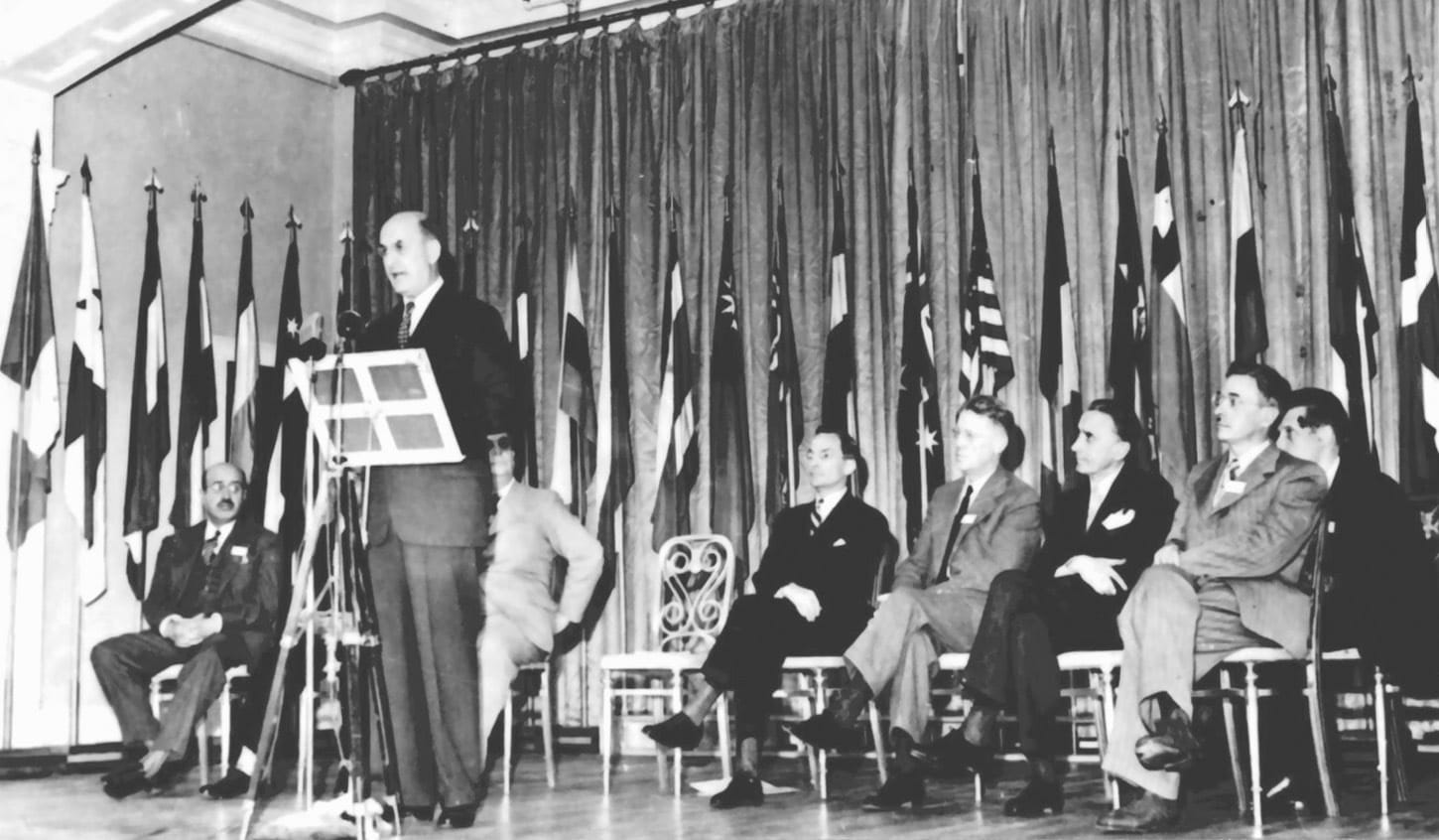 U.S. Treasury Secretary Henry Morgenthau addresses the 1944 Bretton Woods conference.