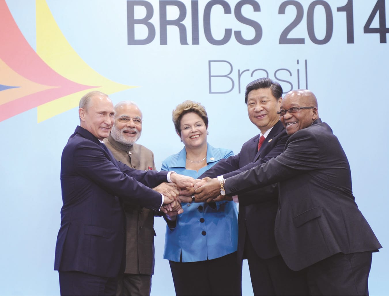Left to right, Russian President Vladimir Putin, Indian Prime Minister Narendra Modi, Brazilian President Dilma Rousseff, Chinese President Xi Jinping, and South African President Jacob Zuma, at the Sixth BRICS Summit in Fortaleza, Brazil, July 15, 2014.