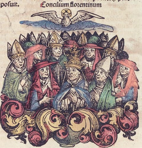 A woodcut from the 1493 Nuremberg Chronicle illustrating the 1438-1445 Council of Florence.